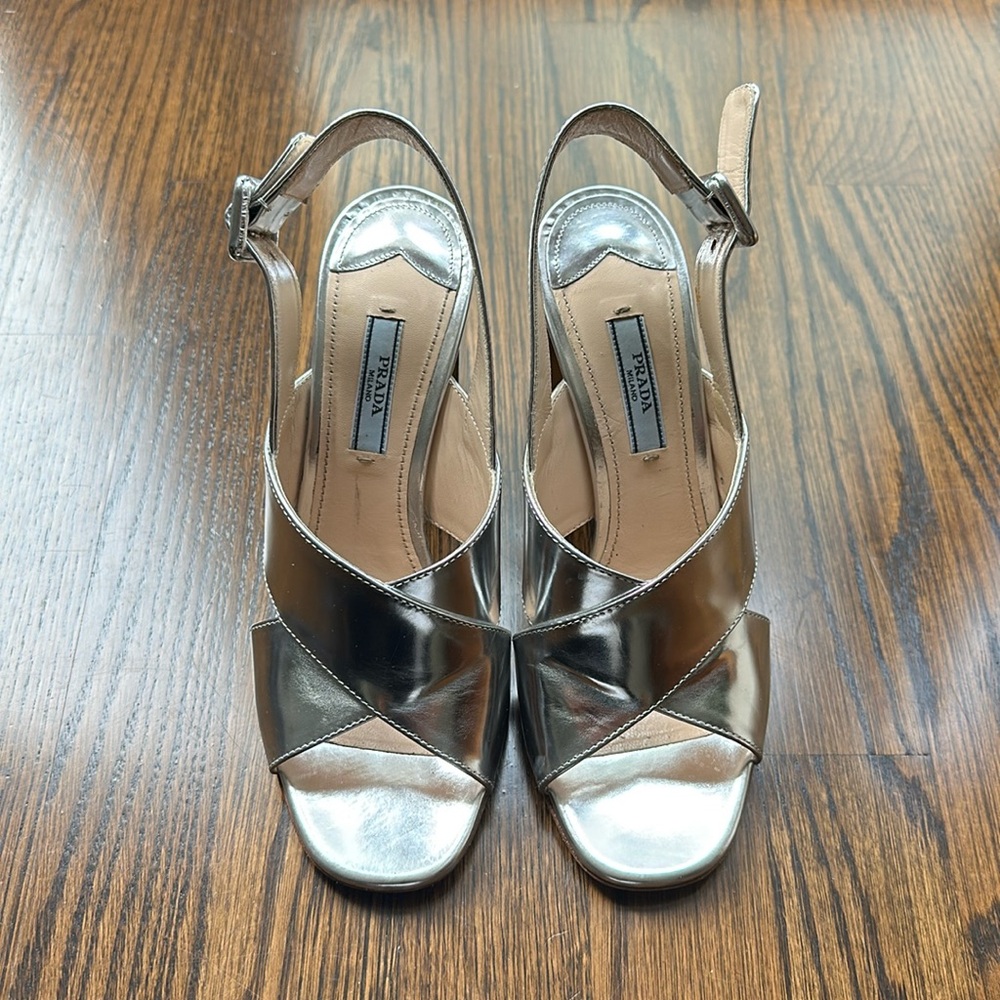 Prada Metallic Silver Block Heels